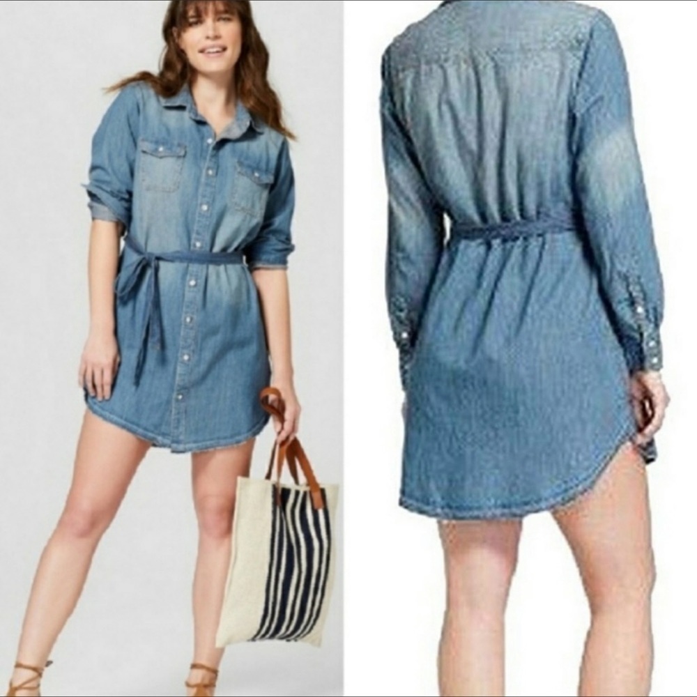 Universal Threads Blue Faded Button Down Raw Hem Belted Denim Casual Dress Small